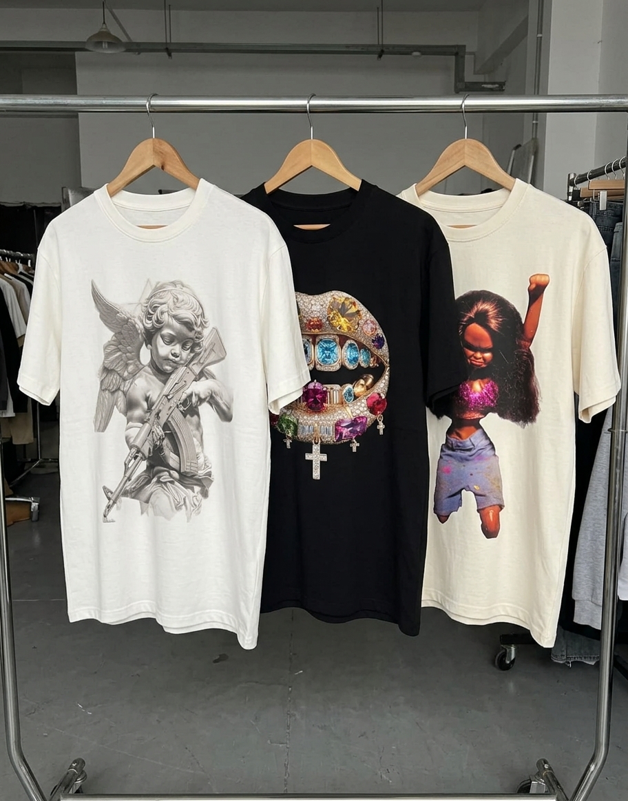 Custom DTF printed t-shirt with a design placement guide showing where your custom text and artwork go