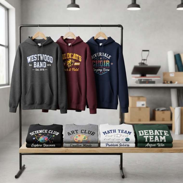Custom DTF printed hoodies for Westwood Band, Wildcats Track and Field, and Riverdale Choir, plus folded Science Club, Art Club, Math Team, and Debate Team shirts