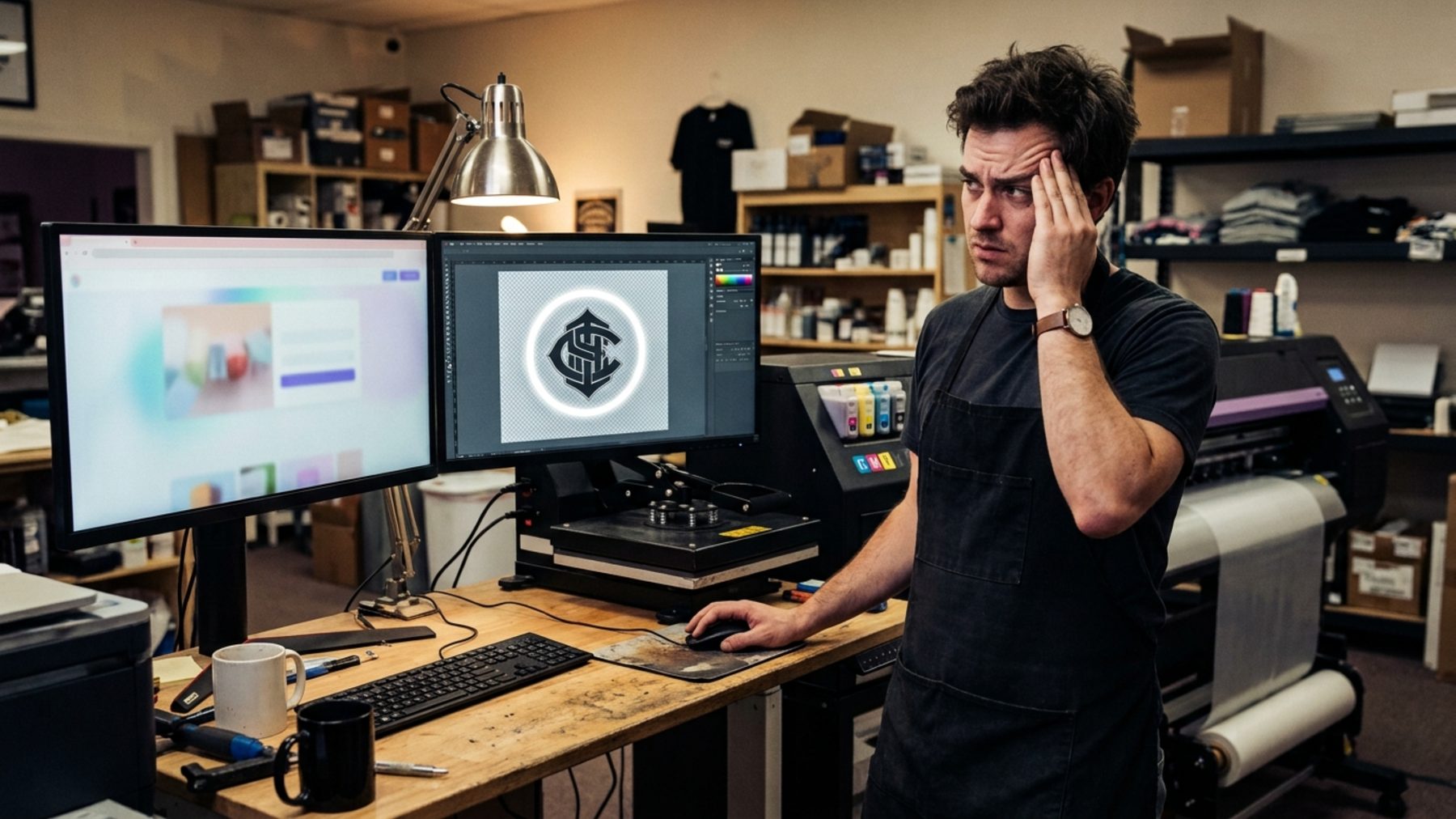 Print shop worker looking frustrated at a computer screen showing a design cutout with a visible white halo around the edges