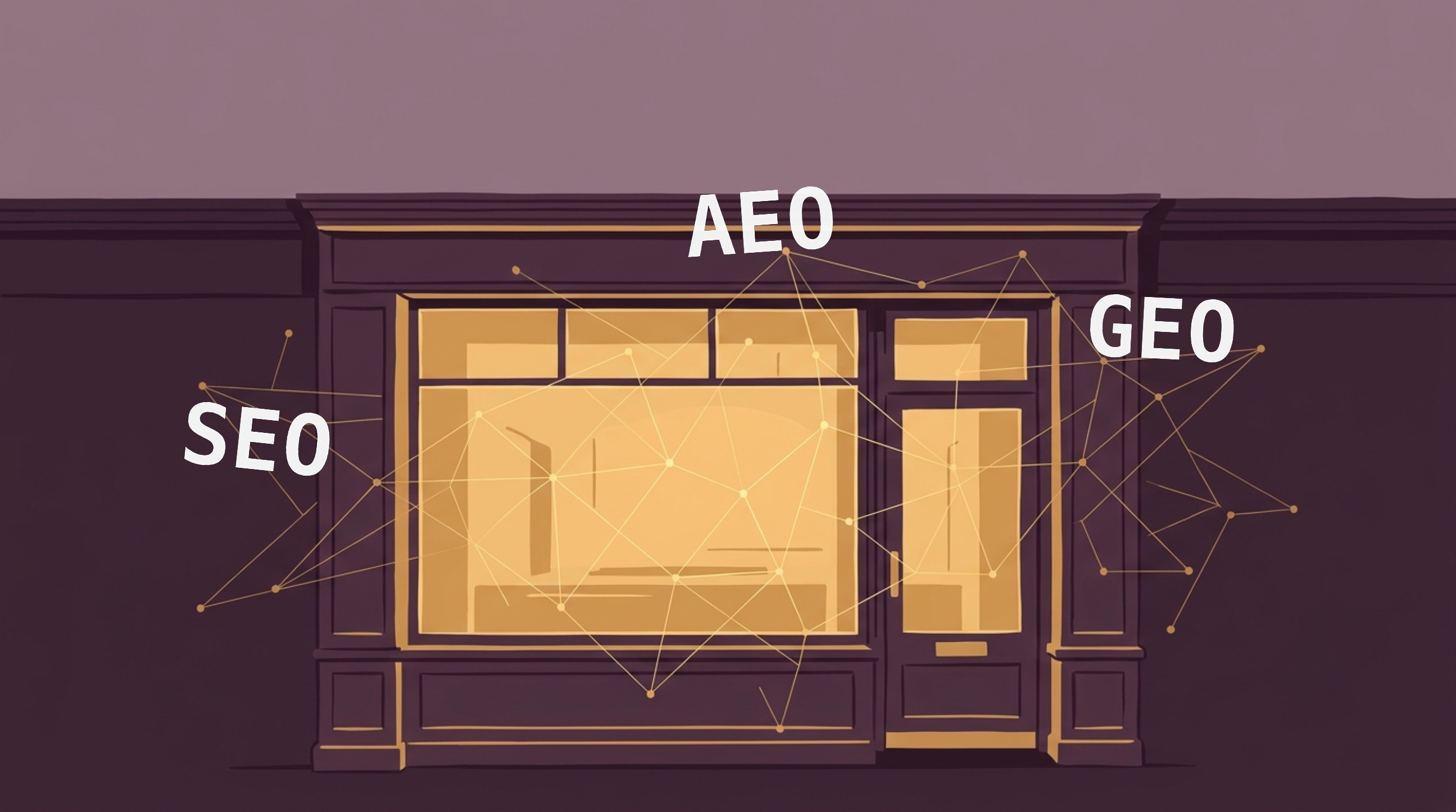 Illustration of a storefront with a glowing network overlay labeled SEO, AEO, and GEO, representing the hidden structured-data layer behind a website