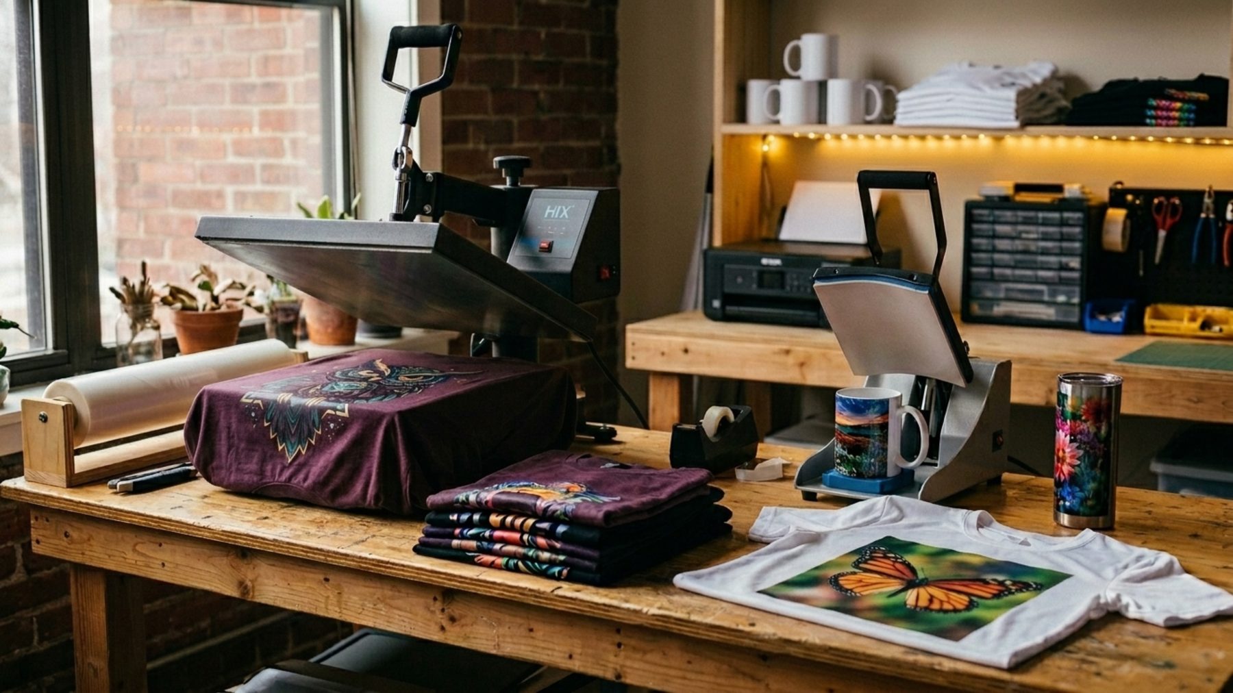 Print shop workbench showing DTF printed shirts on one side and sublimated mugs and a white shirt on the other
