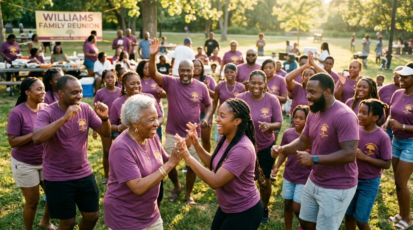 Family reunion attendees dancing in matching custom shirts